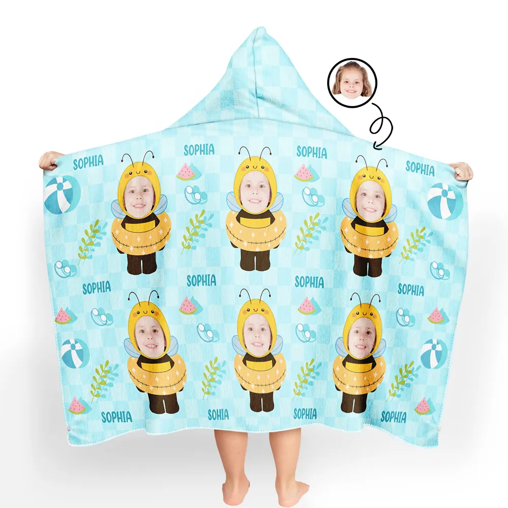 Custom Photo Summer Fun Kid's Animal Cosplay With Float Ring - Personalized Hooded Beach Towel