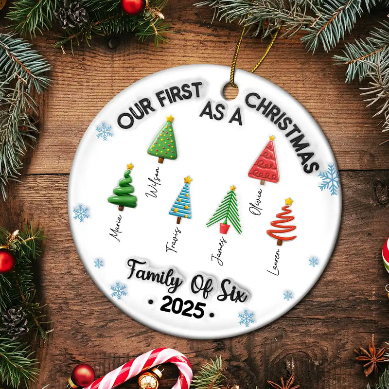 Our First Christmas Family Trees Names 3D Inflated Effect - Personalized Circle Acrylic Ornament