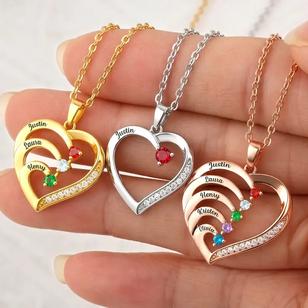 Custom Birth Month Anniversary Mom Wife - Personalized Birthstone Heart Necklace