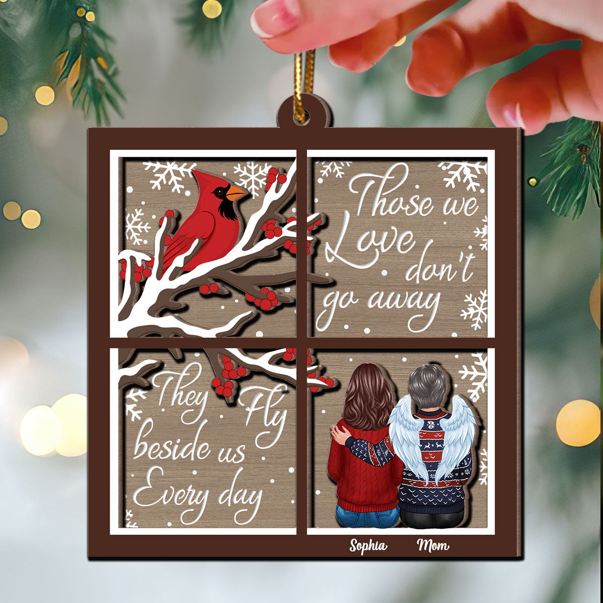 Cardinal Always With You Memorial Christmas Window Shaped Personalized 2-Layer Wooden Ornament, Sympathy Gift