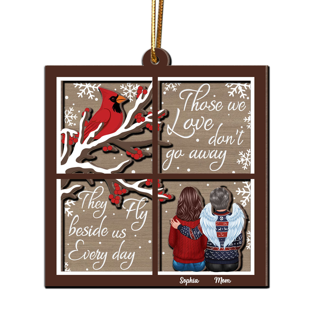 Cardinal Always With You Memorial Christmas Window Shaped Personalized 2-Layer Wooden Ornament, Sympathy Gift