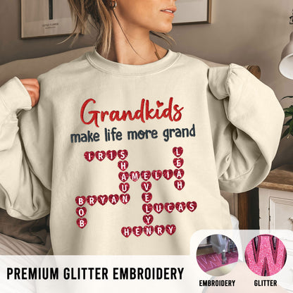 Grandkids The Greatest Gifts Crossword Puzzle Art Personalized Glitter Embroidery Sweater, Heartfelt Gift For Grandma