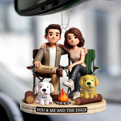 Camping Couple You Me And The Dog Cats Personalized Acrylic Car Hanger Ornament, Heartfelt Gift For Couple, For Dog Lovers, Cat Lovers, Pet Lovers