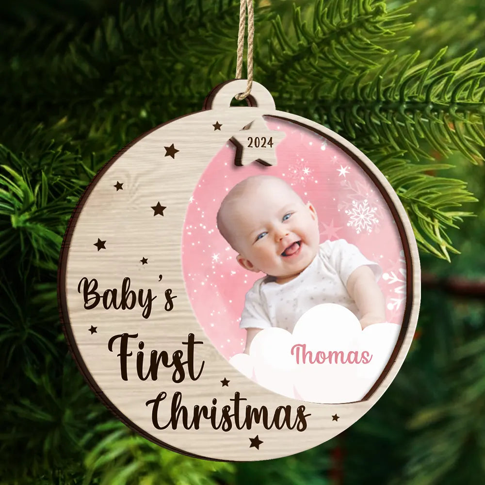 Custom Photo New Baby's First Christmas - Personalized 2-Layered Wooden Ornament