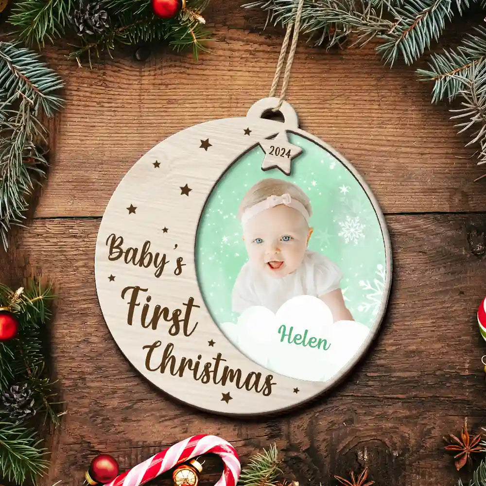 Custom Photo New Baby's First Christmas - Personalized 2-Layered Wooden Ornament