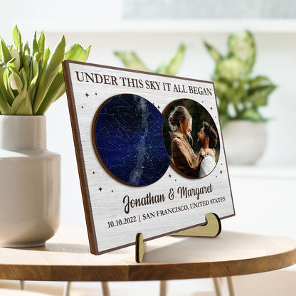 Star Map Custom Photo Under This Sky It All Began - Gift For Couples - Personalized 2-Layered Wooden Plaque With Stand