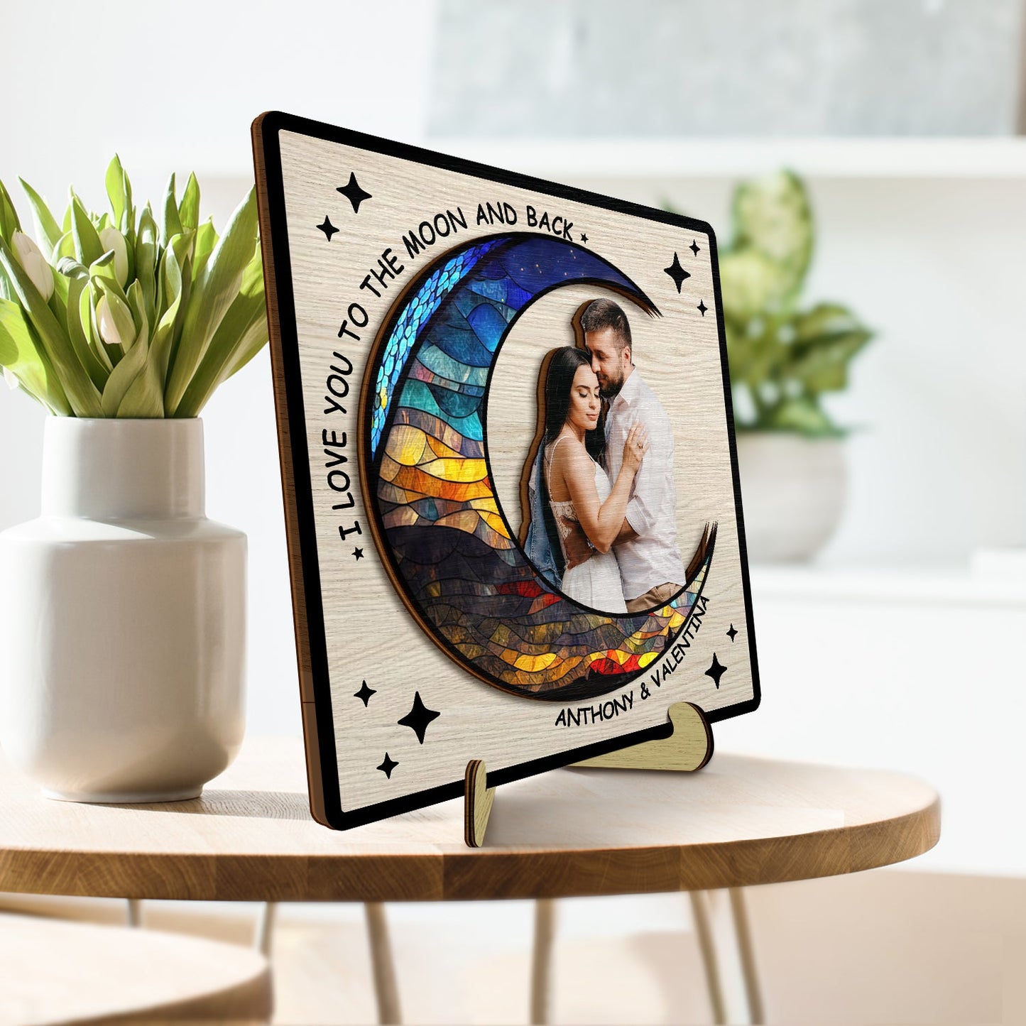 Custom Photo I Love You To The Moon And Back - Gift For Couples - Personalized 2-Layered Wooden Plaque With Stand