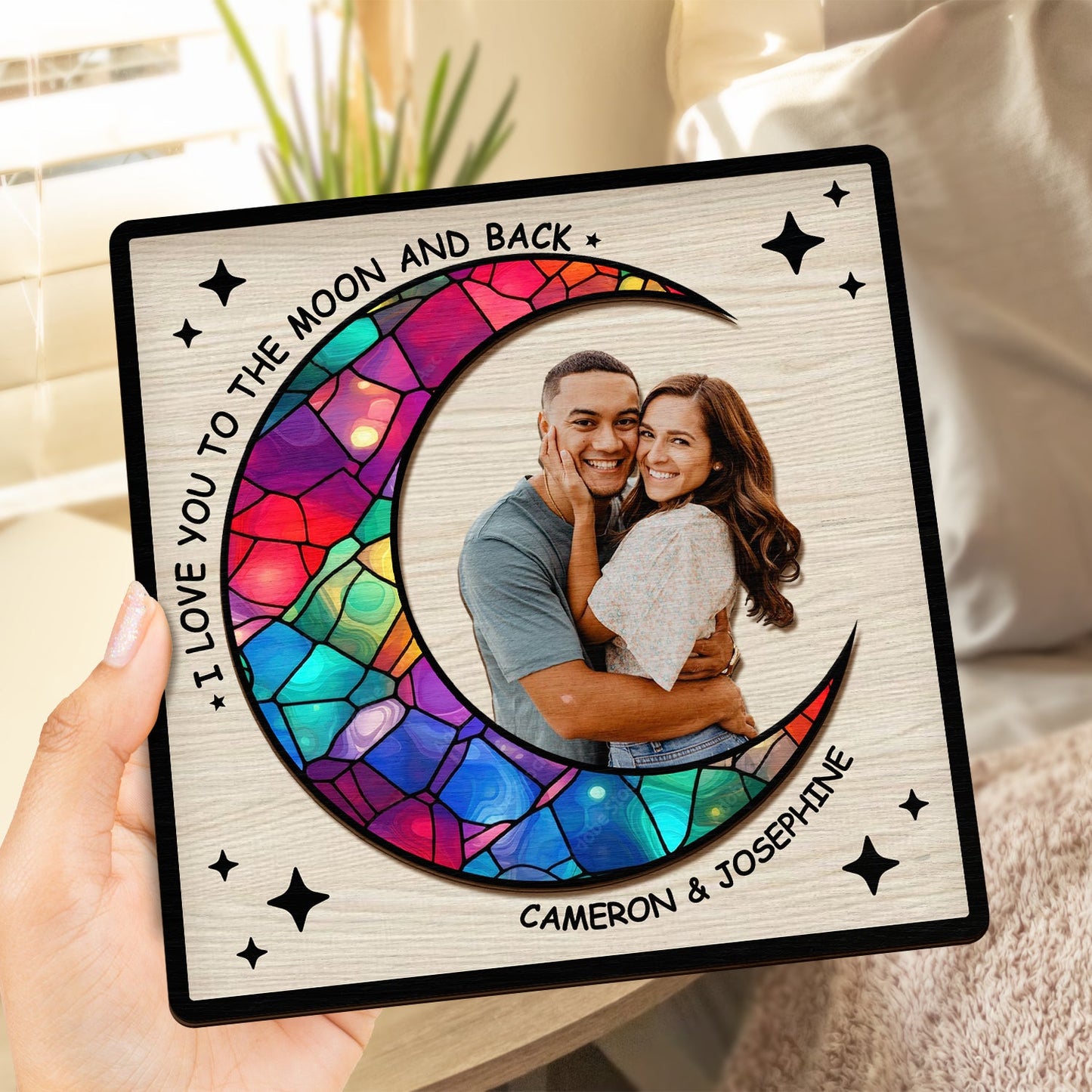Custom Photo I Love You To The Moon And Back - Gift For Couples - Personalized 2-Layered Wooden Plaque With Stand