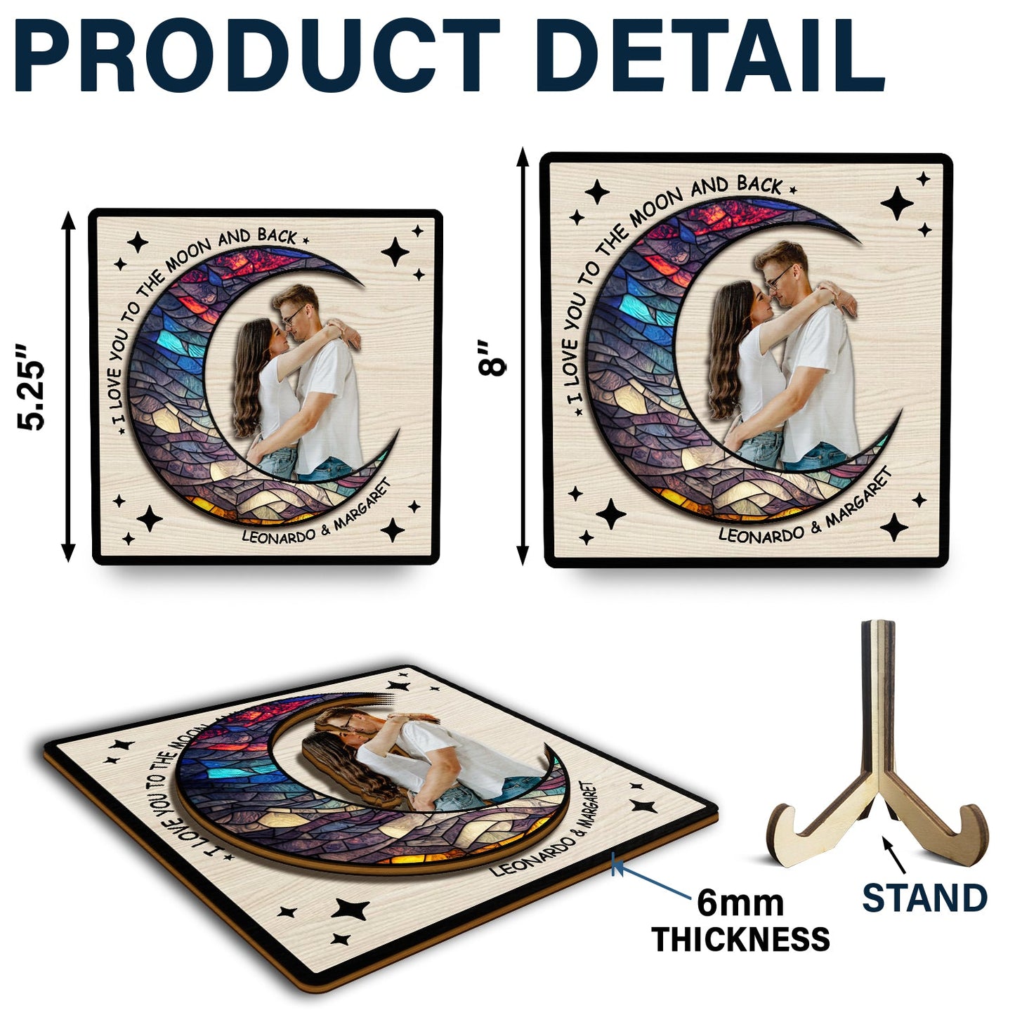 Custom Photo I Love You To The Moon And Back - Gift For Couples - Personalized 2-Layered Wooden Plaque With Stand