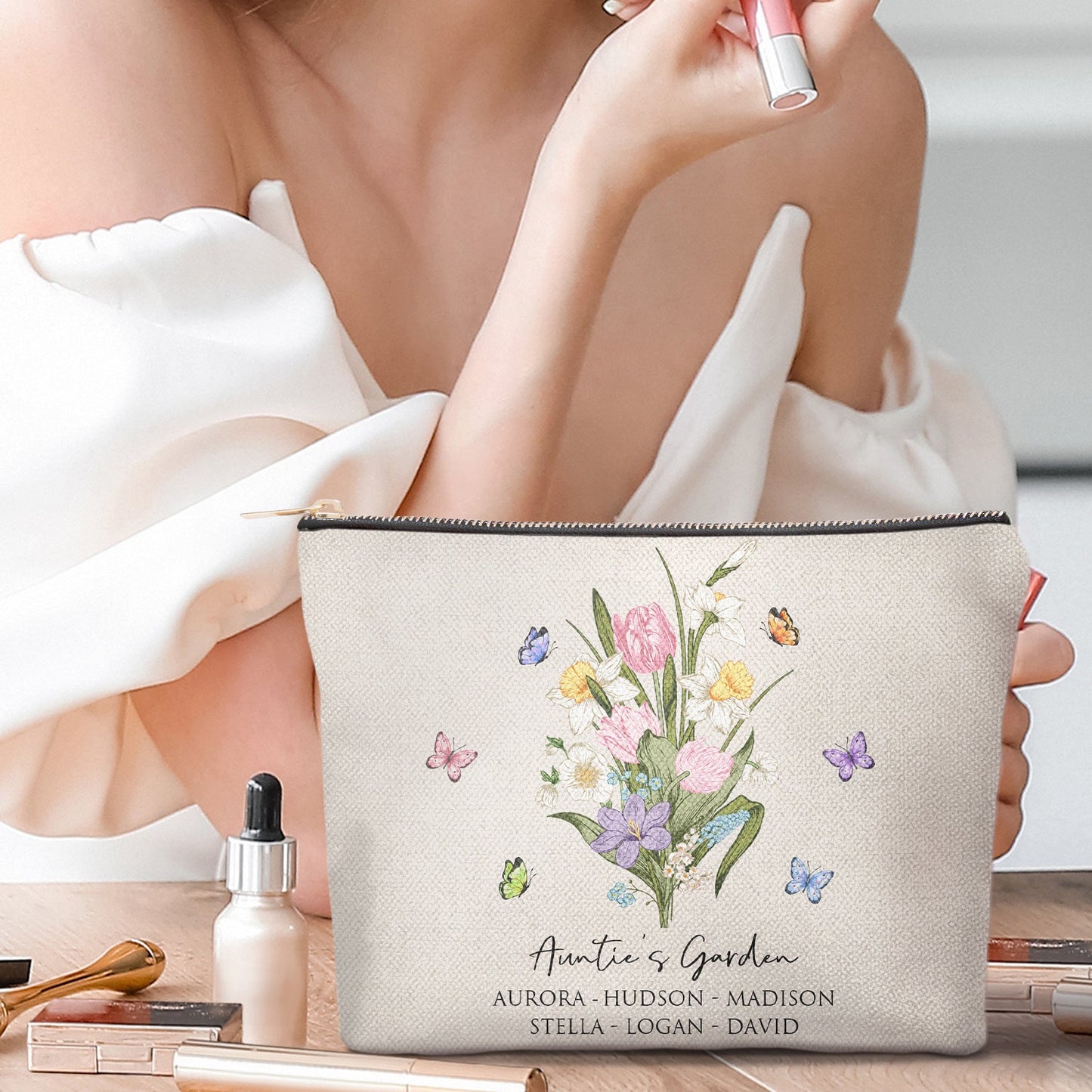 Mom's Garden Butterfly Flower - Gift For Mom, Grandma, Mommy - Personalized Cosmetic Bag