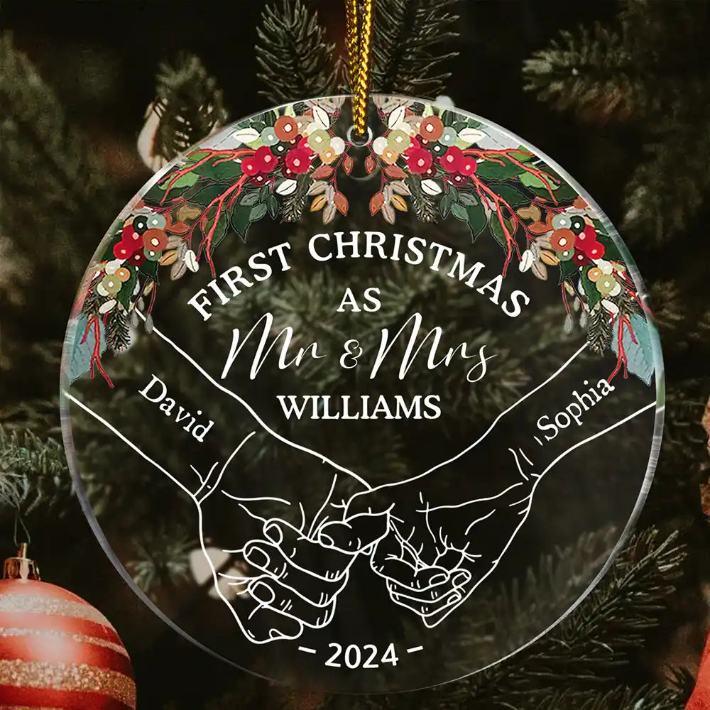 Holding Hands First Christmas Couple - Personalized Circle Acrylic Ornament