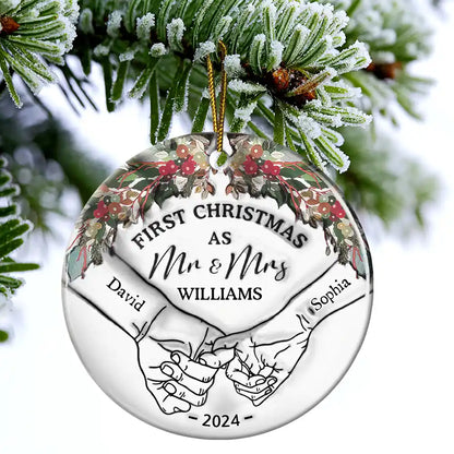 Holding Hands First Christmas Couple - 3D Inflated Effect Printed Ornament, Personalized Circle Ceramic Ornament