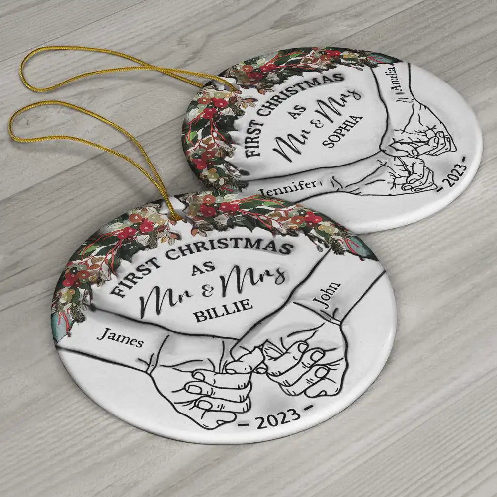 Holding Hands First Christmas Couple - 3D Inflated Effect Printed Ornament, Personalized Circle Ceramic Ornament