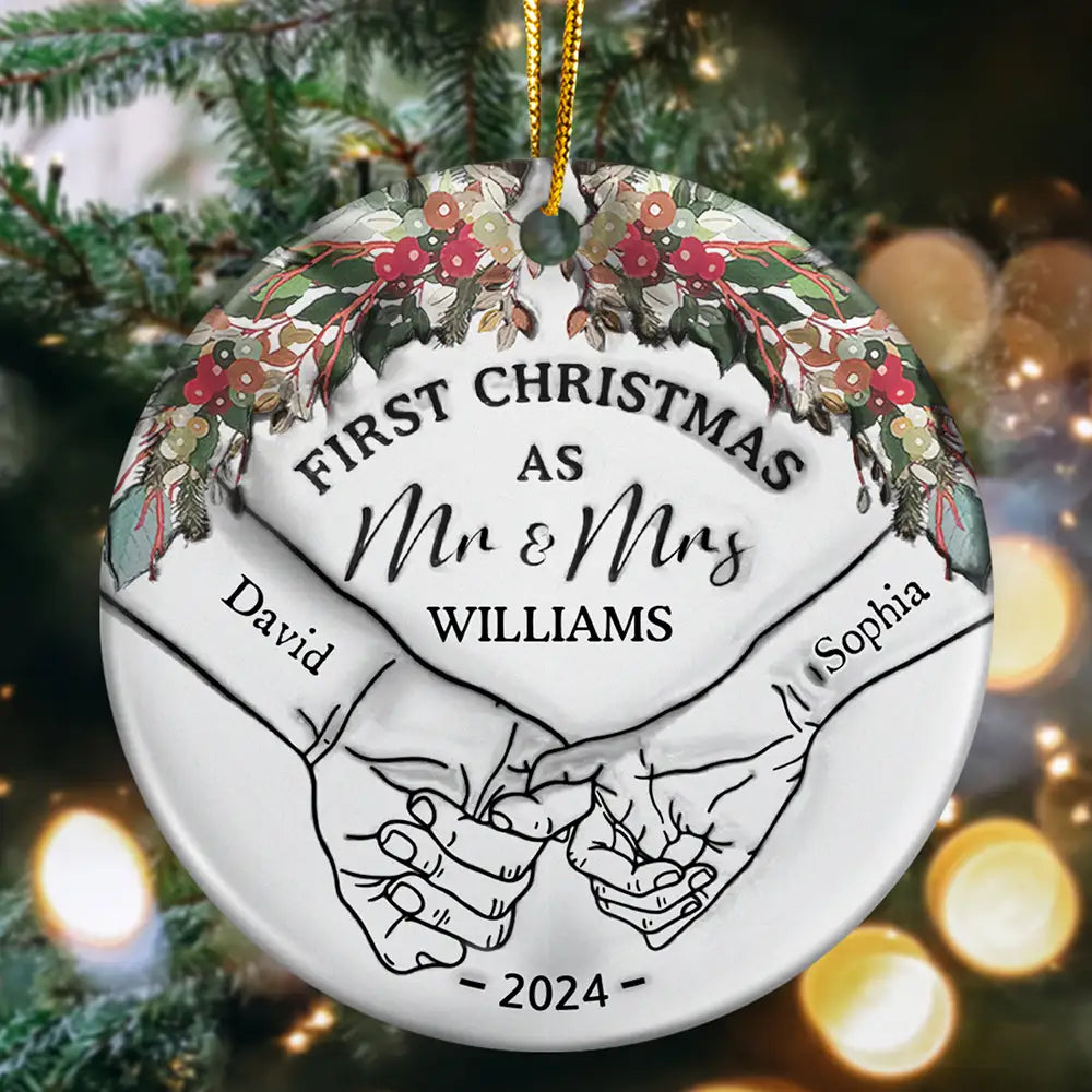 Holding Hands First Christmas Couple - 3D Inflated Effect Printed Ornament, Personalized Circle Ceramic Ornament