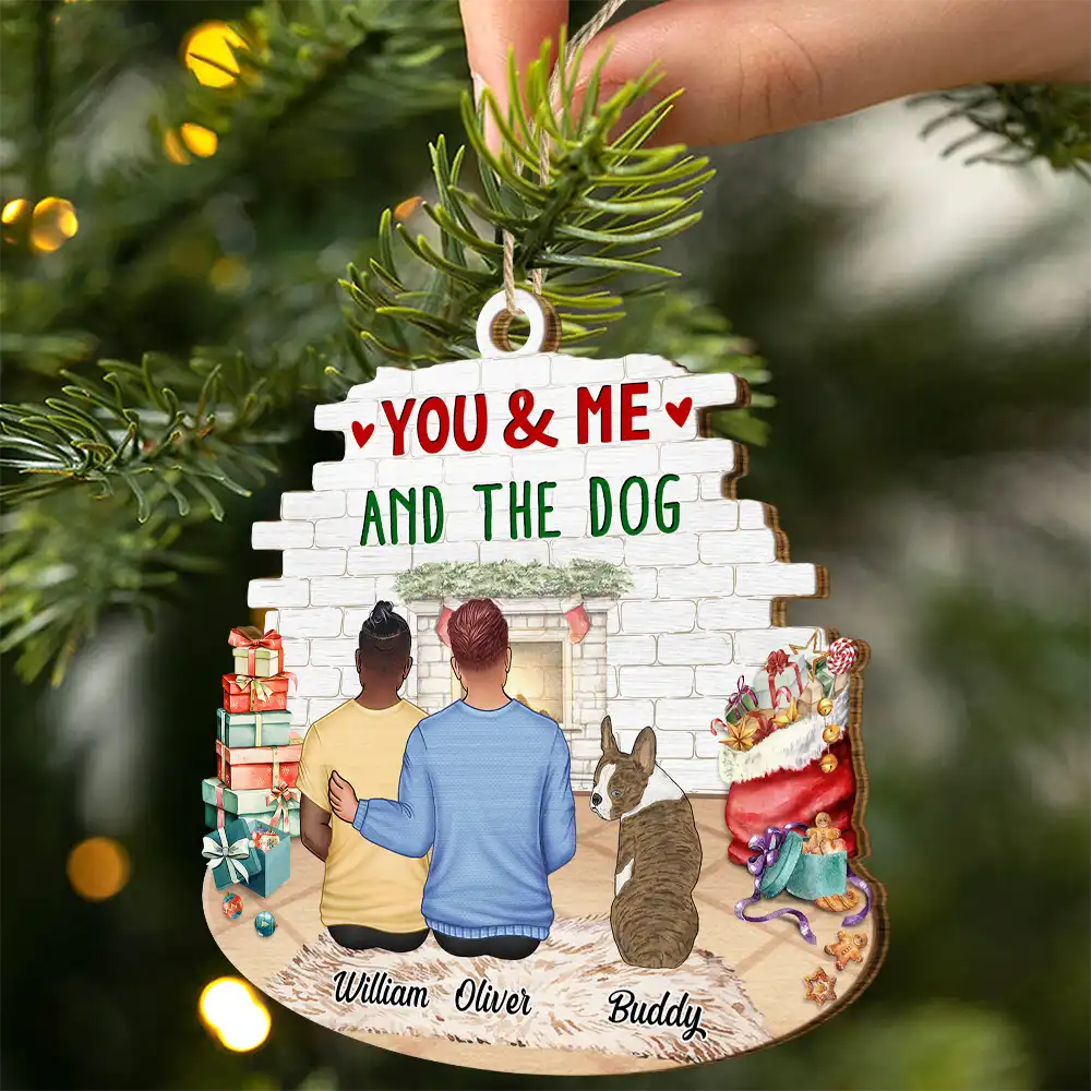 You & Me & The Dog Christmas Couple - Personalized Custom Shaped Wooden Ornament