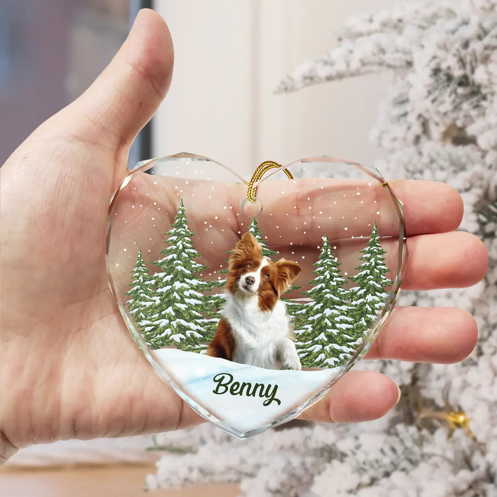 Custom Photo Pet Face Dog Cat Memorial - Personalized Heart Shaped Glass Ornament