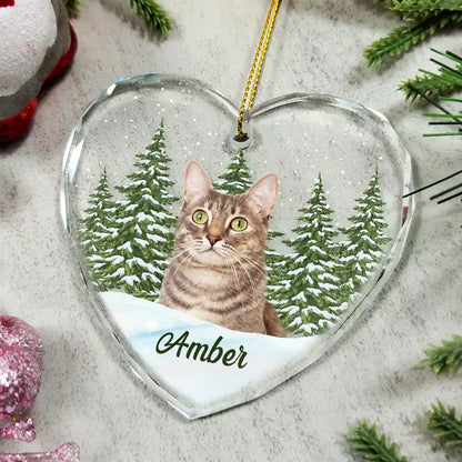 Custom Photo Pet Face Dog Cat Memorial - Personalized Heart Shaped Glass Ornament