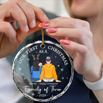 First Christmas As A Family Of Three New Parents - Personalized Circle Glass Ornament