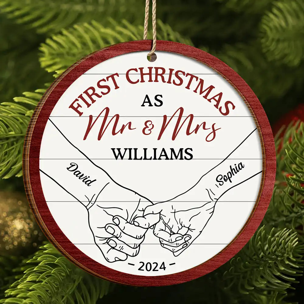 Gift For Couples - First Christmas As Mr & Mrs Couple Holding Hands - Personalized 2-Layered Wooden Ornament