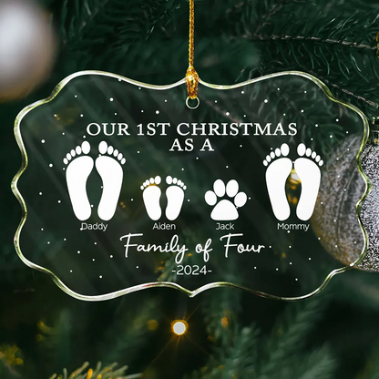 First Christmas As A Family Of Four Footprints - Personalized Medallion Acrylic Ornament