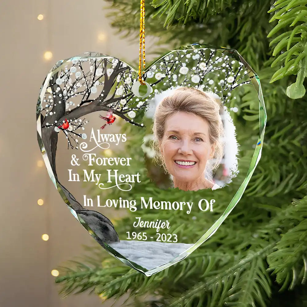 Family, Parents, Gift For Grandparents, Gift For Sibling - Custom Photo Always And Forever In Our Hearts Memorial - Personalized Heart Shaped Glass Ornament