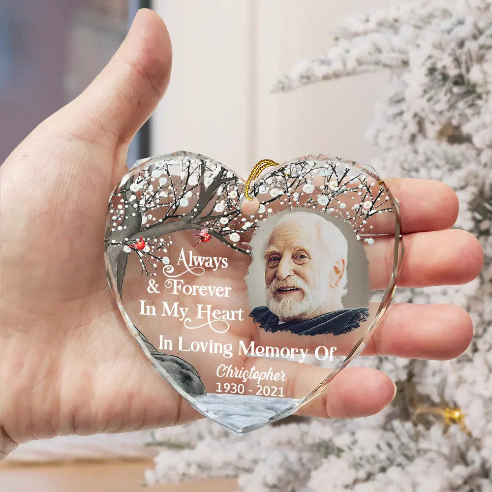 Custom Photo Always And Forever In Our Hearts Memorial - Personalized Heart Shaped  Ornament