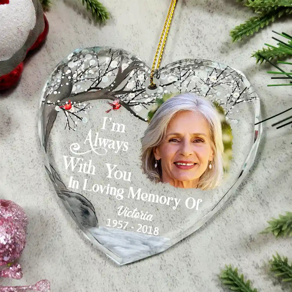 Family, Parents, Gift For Grandparents, Gift For Sibling - Custom Photo Always And Forever In Our Hearts Memorial - Personalized Heart Shaped Glass Ornament