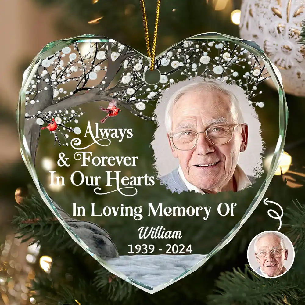 Custom Photo Always And Forever In Our Hearts Memorial - Personalized Heart Shaped  Ornament