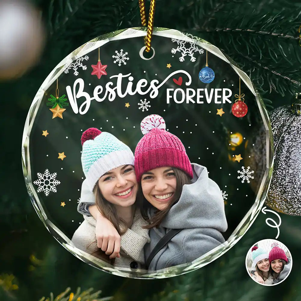 Custom Photo Besties Forever Christmas - Personalized Circle Glass Ornament