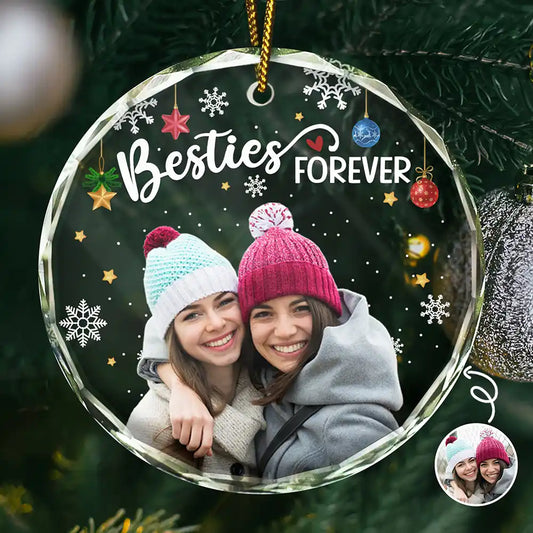 Custom Photo Besties Forever Christmas - Personalized Circle Glass Ornament