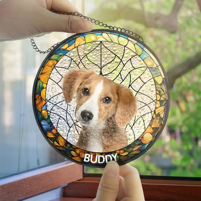 Custom Photo Family Dog Cat - Personalized Stained Glass Window Hanging Suncatcher