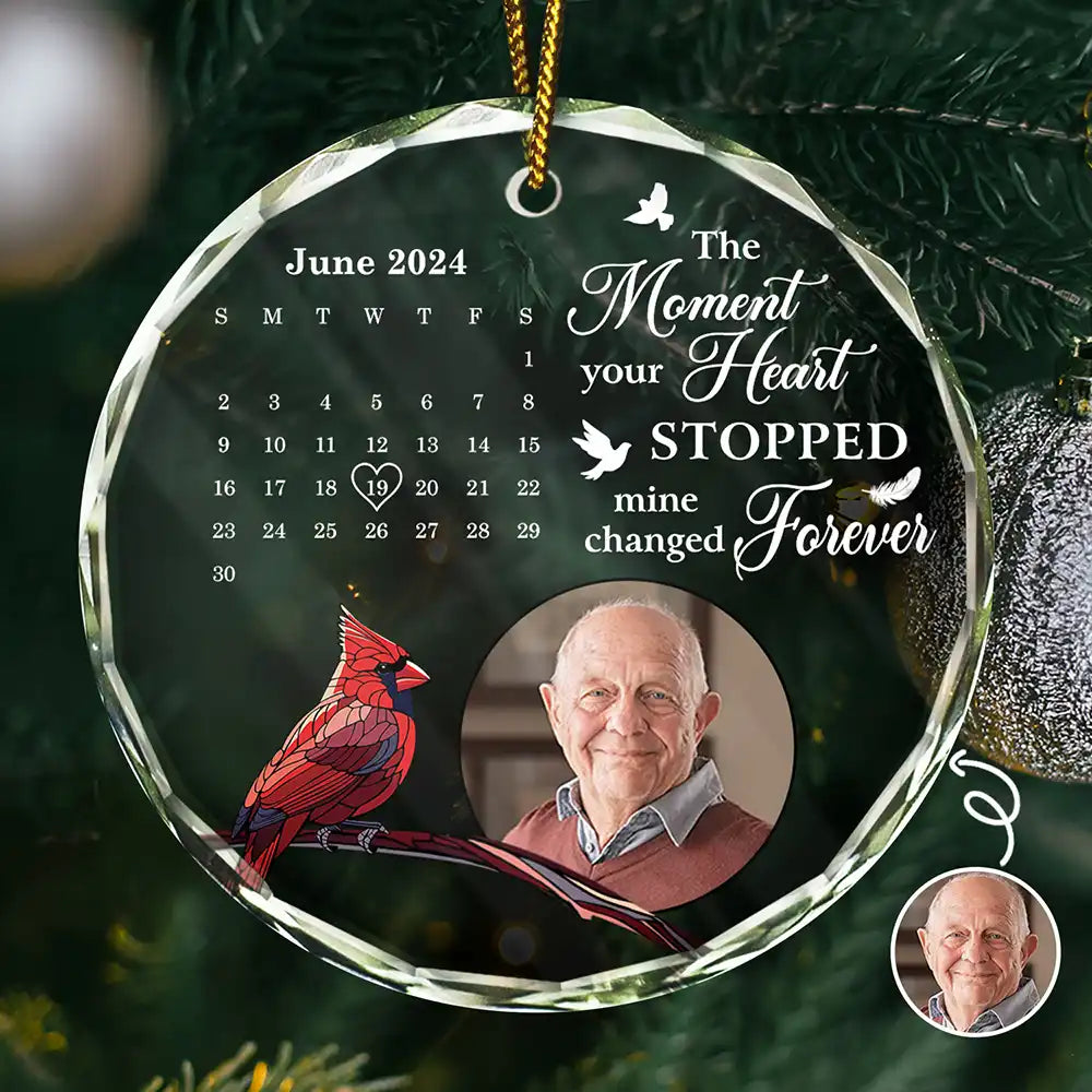 Christmas,Sad,Family,Parents,Gift For Grandparents,Gift For Sibling,Memorial - Custom Photo The Moment Your Heart Stopped Calendar Memorial - Personalized Circle Glass Ornament