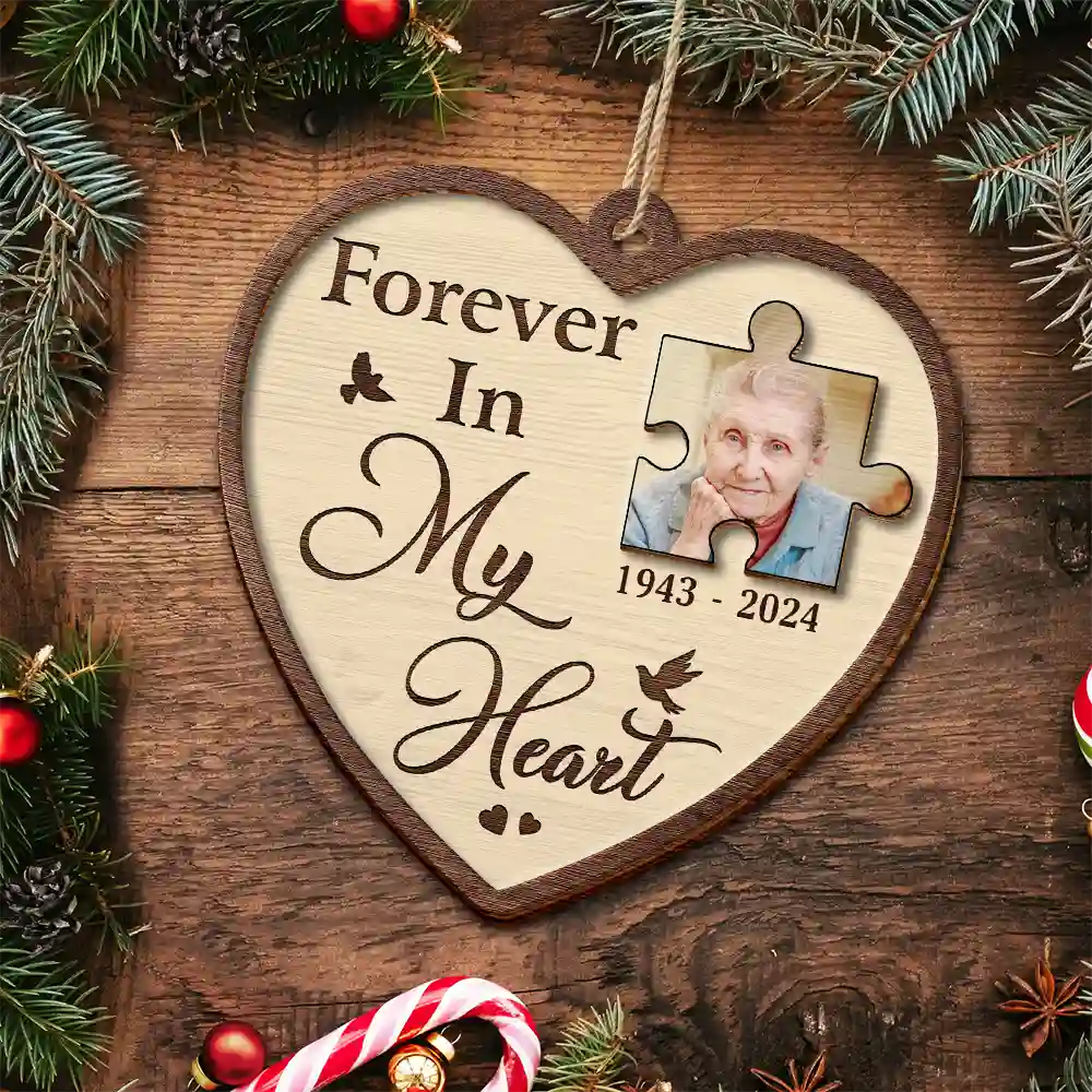 Christmas,Sad,Family,Parents,Gift For Grandparents,Gift For Sibling,Memorial - Custom Photo A Piece Of My Heart Memorial - Personalized 2-Layered Wooden Ornament