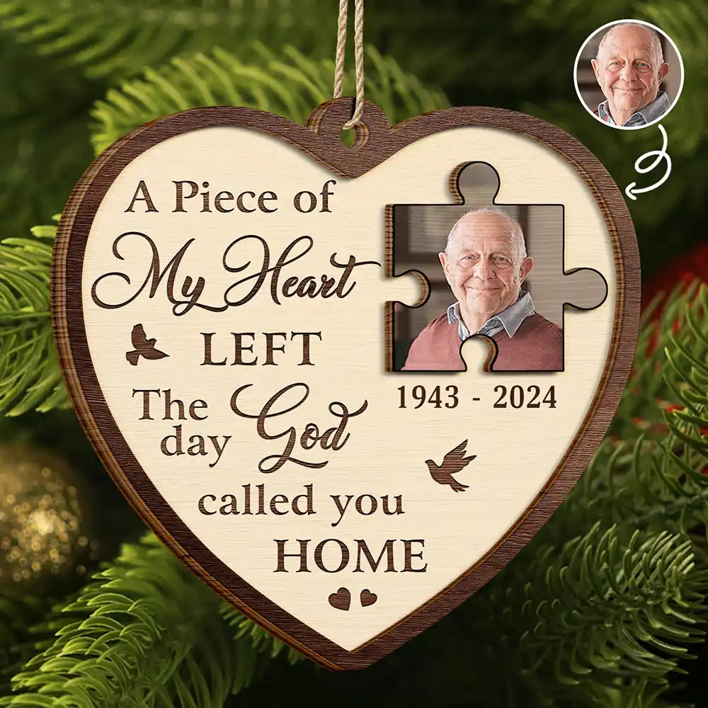 Christmas,Sad,Family,Parents,Gift For Grandparents,Gift For Sibling,Memorial - Custom Photo A Piece Of My Heart Memorial - Personalized 2-Layered Wooden Ornament