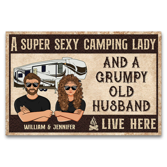 A Super Sexy Camping Lady And A Grumpy Old Husband Live Here - Couple Gift - Personalized Custom Doormat