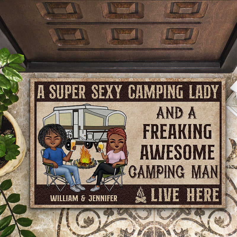 A Super Sexy Camping Lady And A Freaking Awesome Camping Man Live Here Husband Wife - Couple Gift - Personalized Custom Doormat