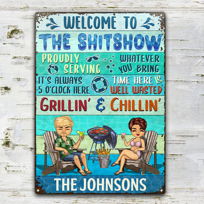 Poolside Proudly Serving Whatever You Bring Chibi Husband Wife Couple - Pool Sign - Personalized Custom Classic Metal Signs