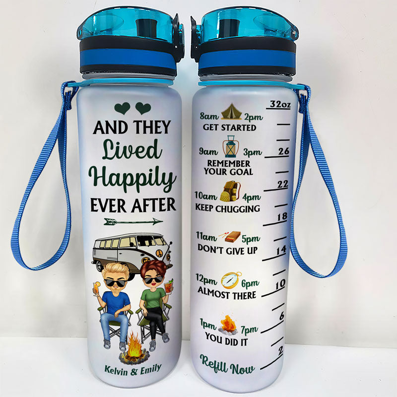 Husband And Wife Camping Partners For Life - Couple Gift - Personalized Custom Water Tracker Bottle