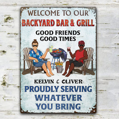 Poolside Grilling Listen To The Good Music Couple Husband Wife Vertical - Backyard Sign - Personalized Custom Classic Metal Signs