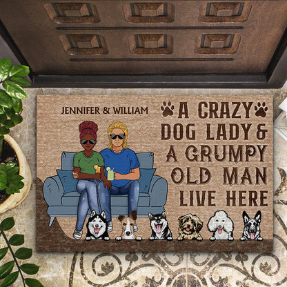 Husband And Wife A Crazy Dog Lady And A Grumpy Old Man Live Here - Gift For Couples - Personalized Custom Doormat