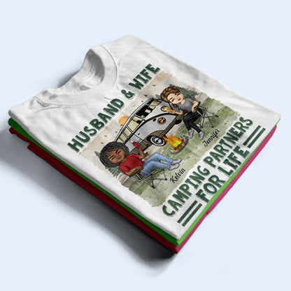 Husband And Wife Camping Partners For Life - Couple Gift For Camping Lovers - Personalized Custom T Shirt