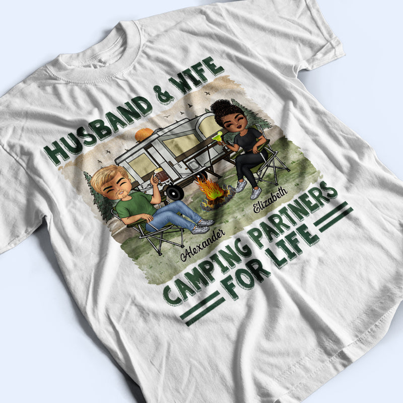Husband And Wife Camping Partners For Life - Couple Gift For Camping Lovers - Personalized Custom T Shirt