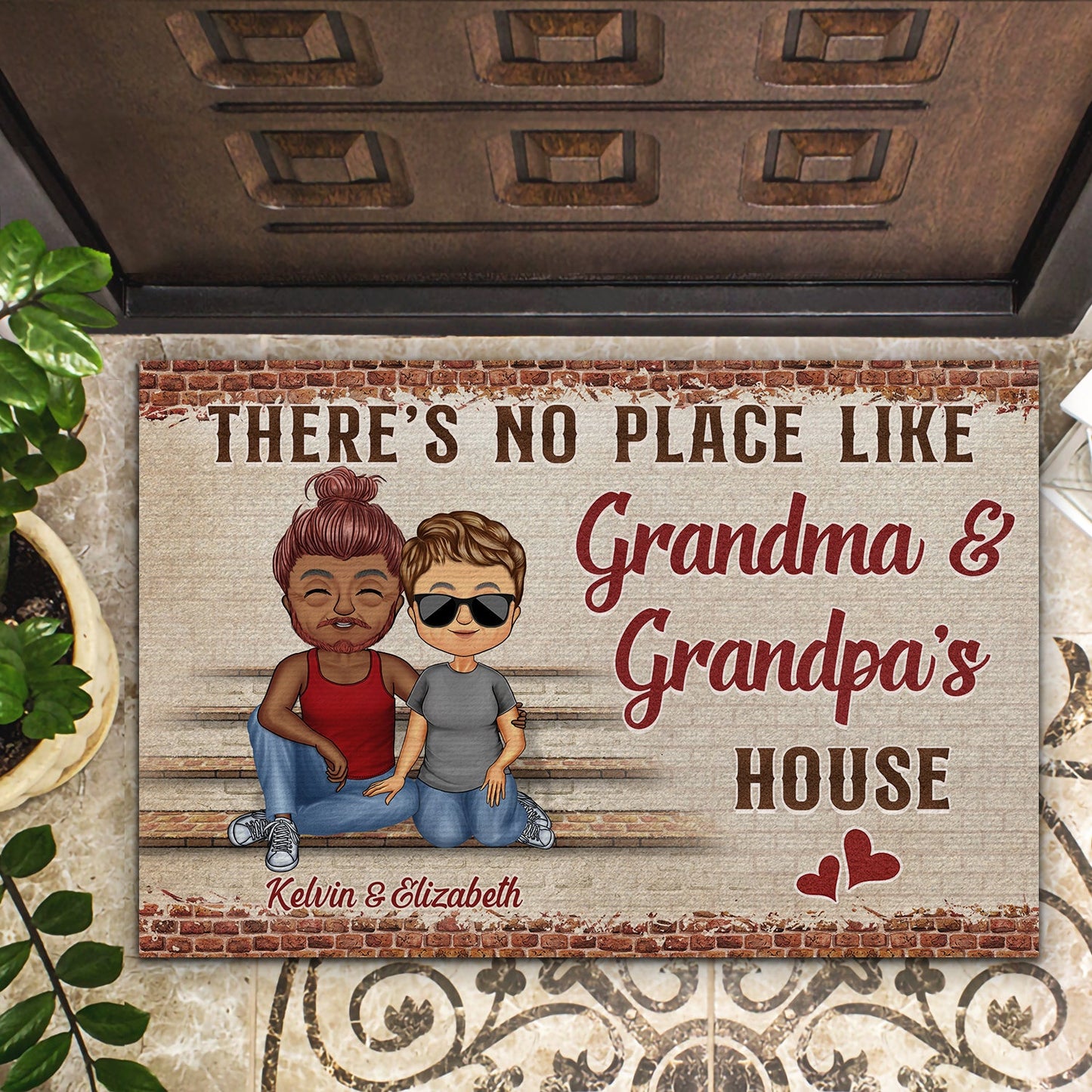 There's No Place Like Grandma And Grandpa's House Grandparents Chibi Couple - Family Gift - Personalized Custom Doormat