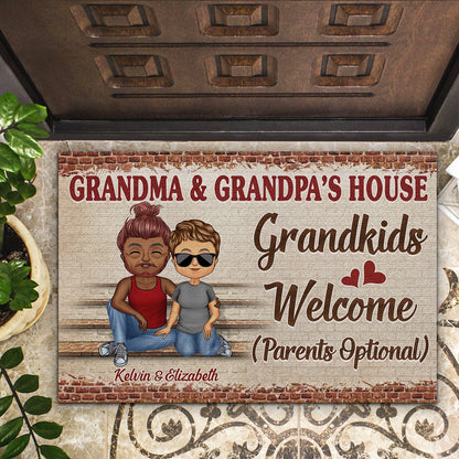 Grandma And Grandpa's House Grandkids Welcome Parents Optional Grandparents Chibi Couple - Family Gift - Personalized Custom Doormat