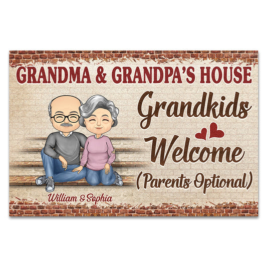 Grandma And Grandpa's House Grandkids Welcome Parents Optional Grandparents Chibi Couple - Family Gift - Personalized Custom Doormat