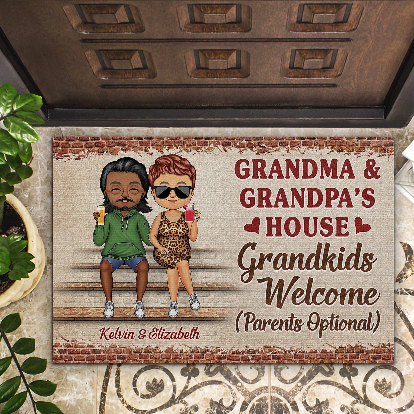 Grandma And Grandpa's House Grandkids Welcome Parents Optional Chibi Couple Grandparents - Family Gift - Personalized Custom Doormat