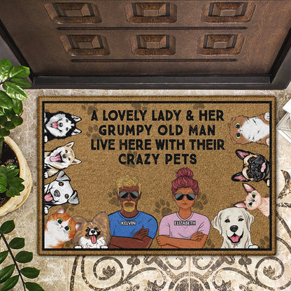 A Lovely Lady And Her Grumpy Old Man Live Here Couples - Gift For Dog Lovers & Cat Lovers - Personalized Custom Doormat