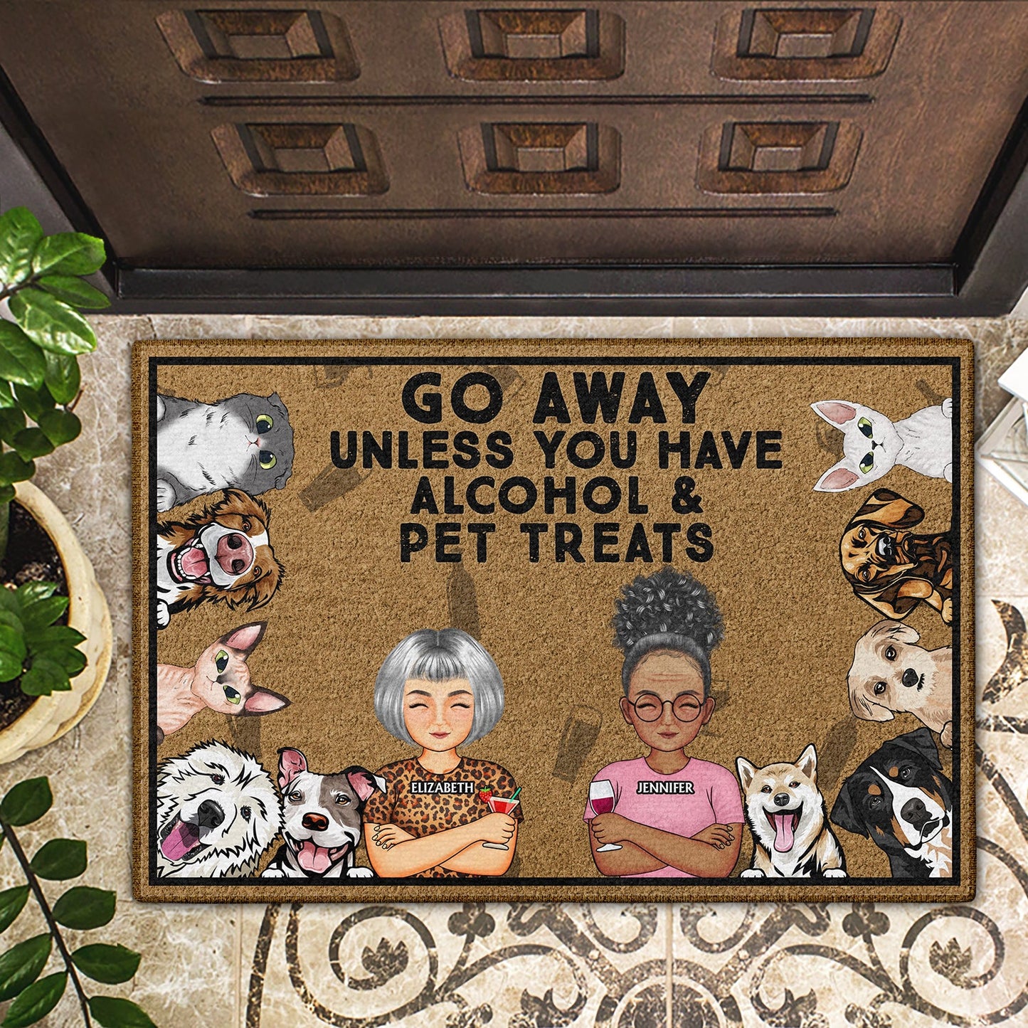 Go Away Unless You Have Alcohol And Dog Treats Cat Treats Pet Treats Cartoon Couples - Home Decor, Birthday, Housewarming Gift For Dog Lovers & Cat Lovers - Personalized Custom Doormat