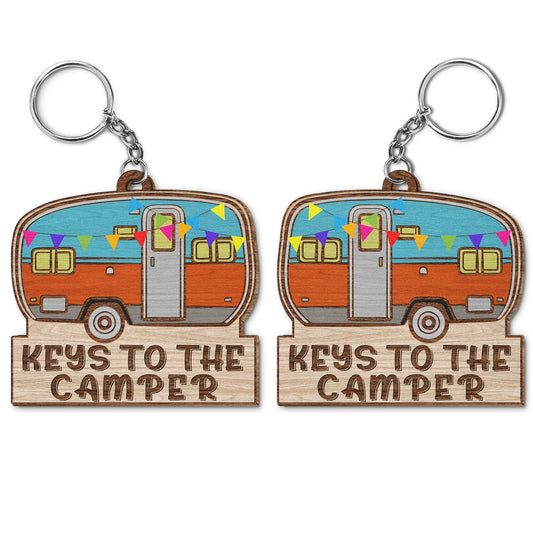 Keys To The Camper Vintage Trailer - Funny, Loving Gifts For Couples, Husband, Wife, Camping Lovers - Personalized Wooden Keychain