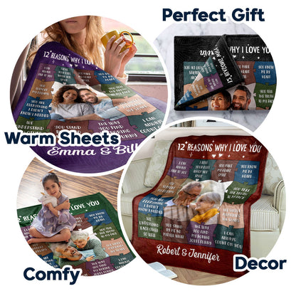 Custom Photo 12 Reasons Why I Love You - Birthday, Anniversary Gift For Spouse, Husband, Wife, Couple - Personalized Fleece Blanket